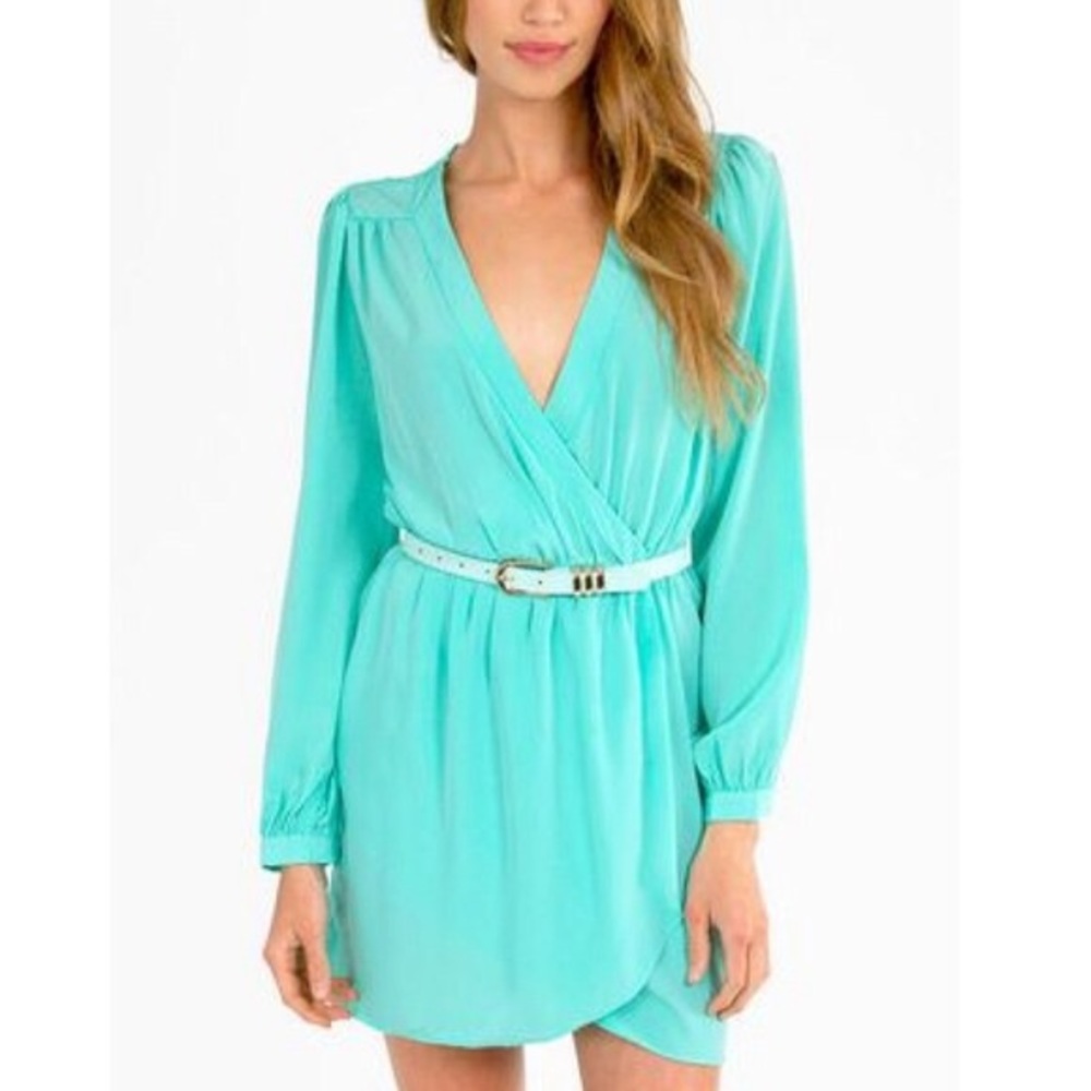 Teal/ Mint Long Sleeve Mini Wrap Cocktail Dress